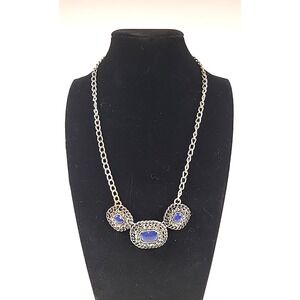 Blue Cabochon with‎ Rhinestones Silvertone Chain Signed NWT 18"